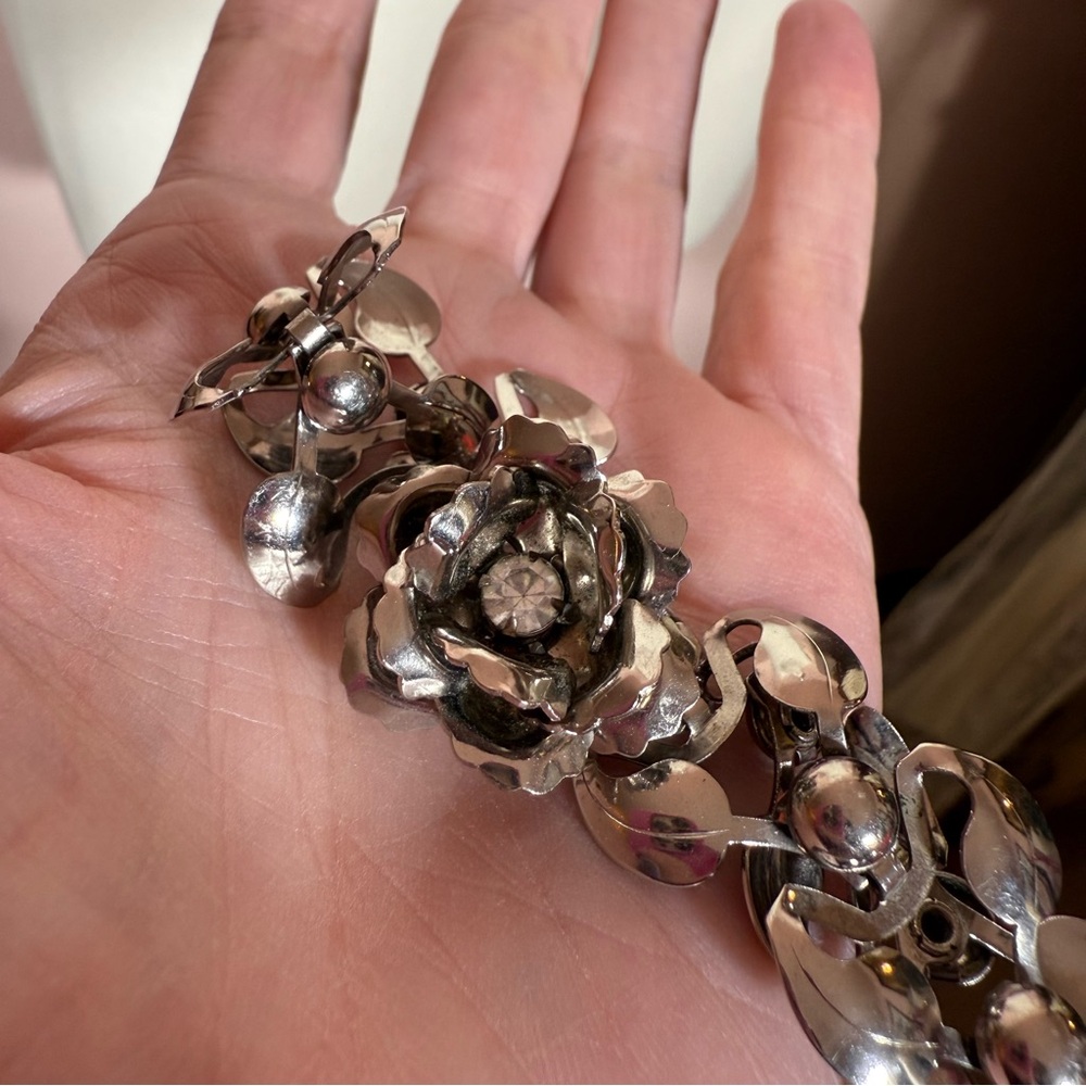Silver Floral Rose Bracelet with Center Crystal - Picture 10 of 16
